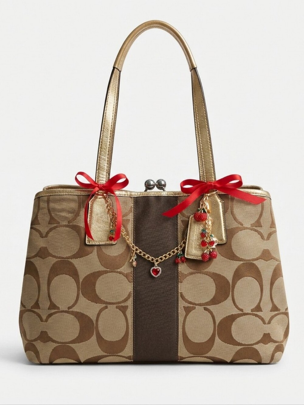 Coach Brown Signature Tote With Kiss Lock Closure
